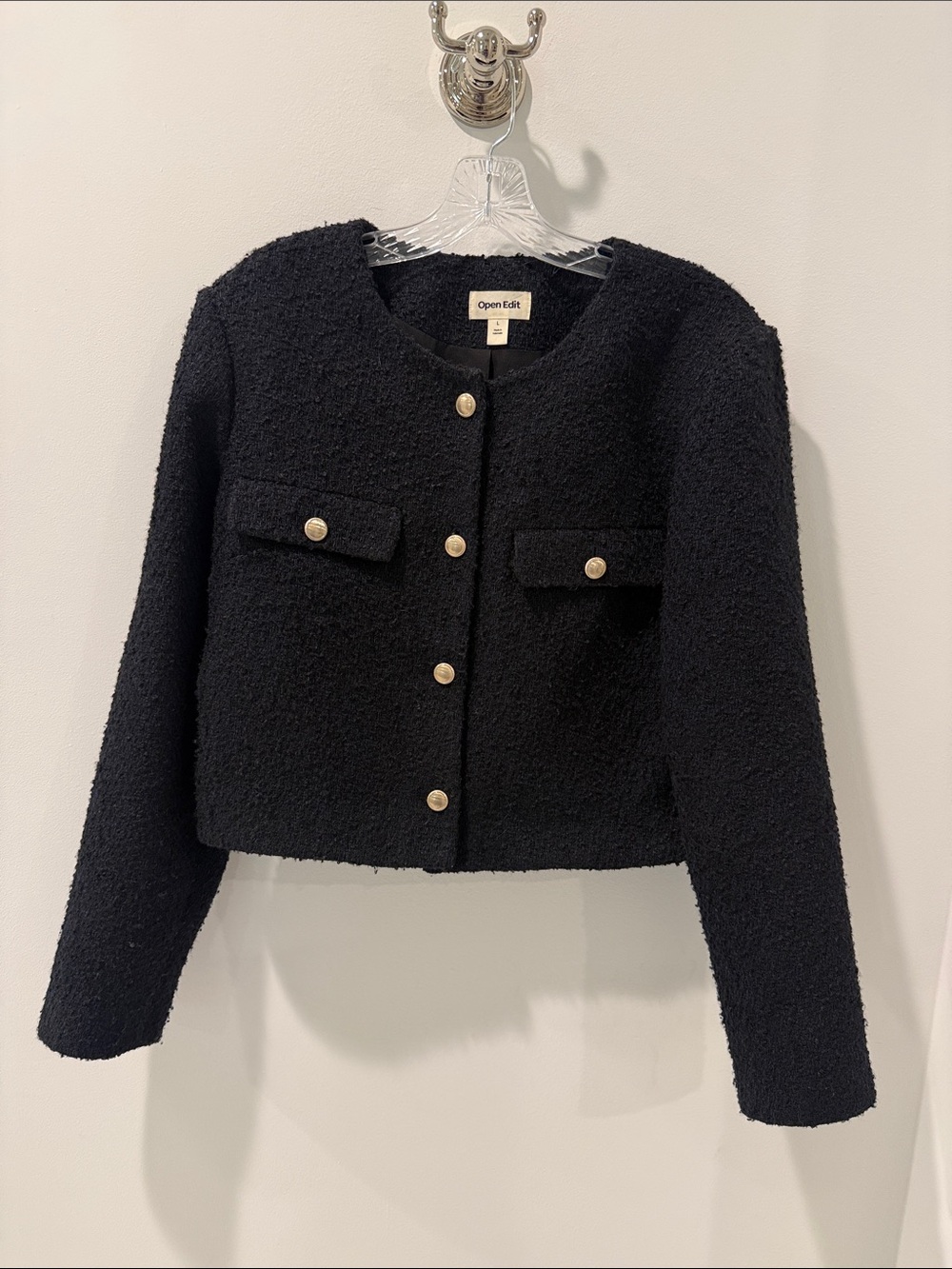 Open Edit Black/Navy Bouclé Tweed 4-Button Jacket - Size L